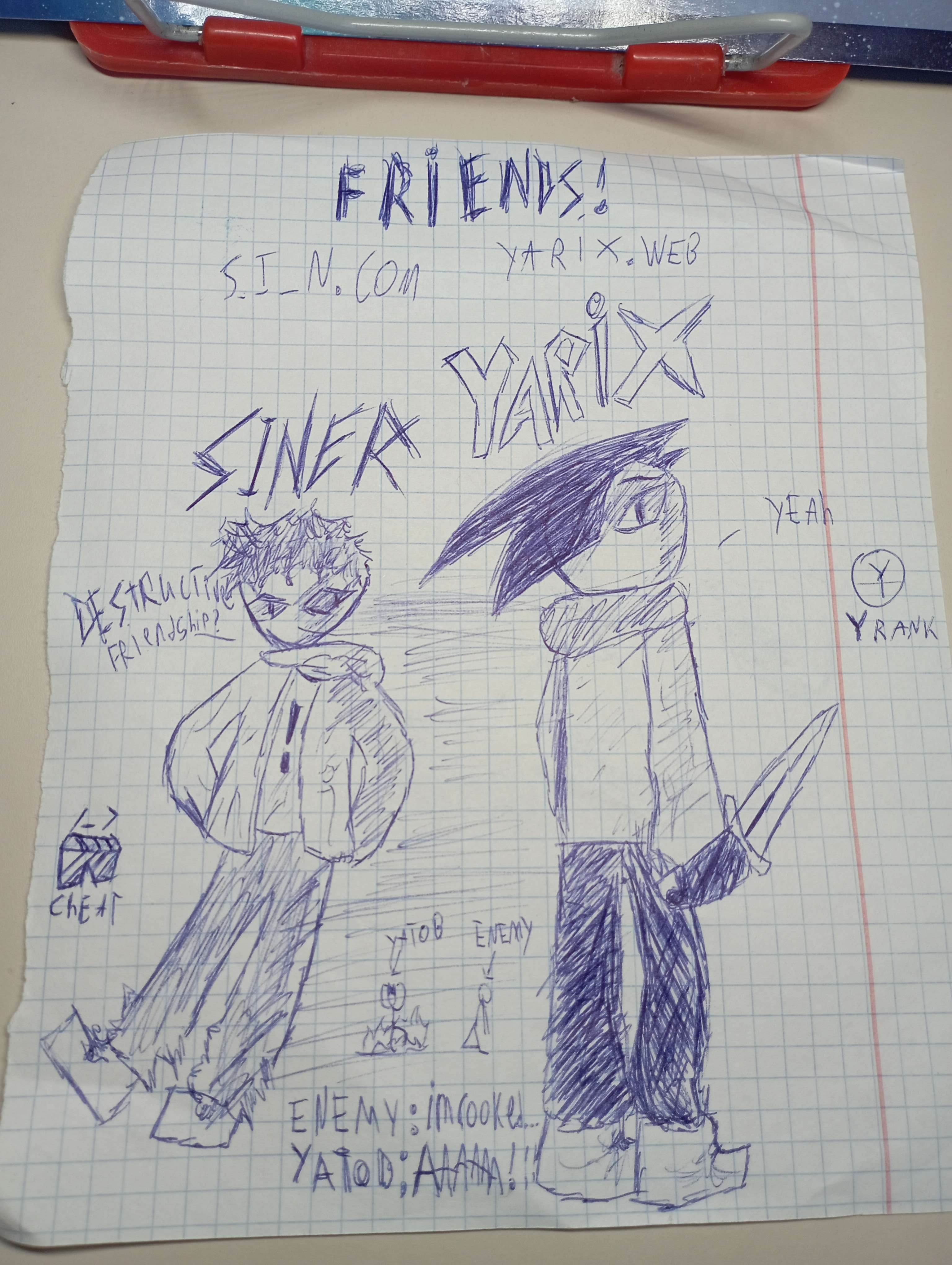 Sinerus' drawing that contains his character and mine